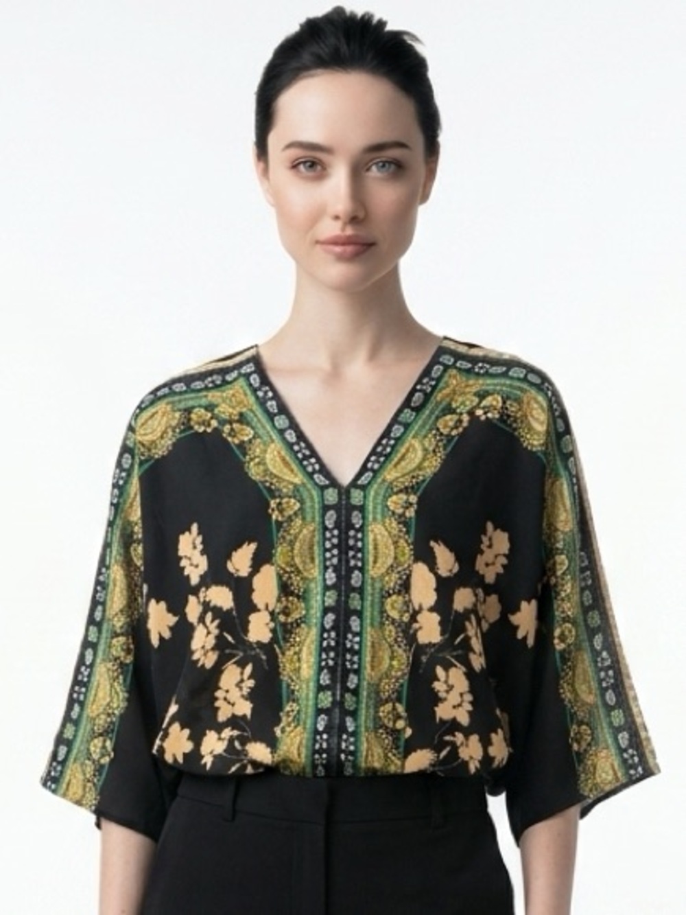 ROSE + OLIVE | Black Green Kimono Sleeve V-Neck Top Women’s Size Small